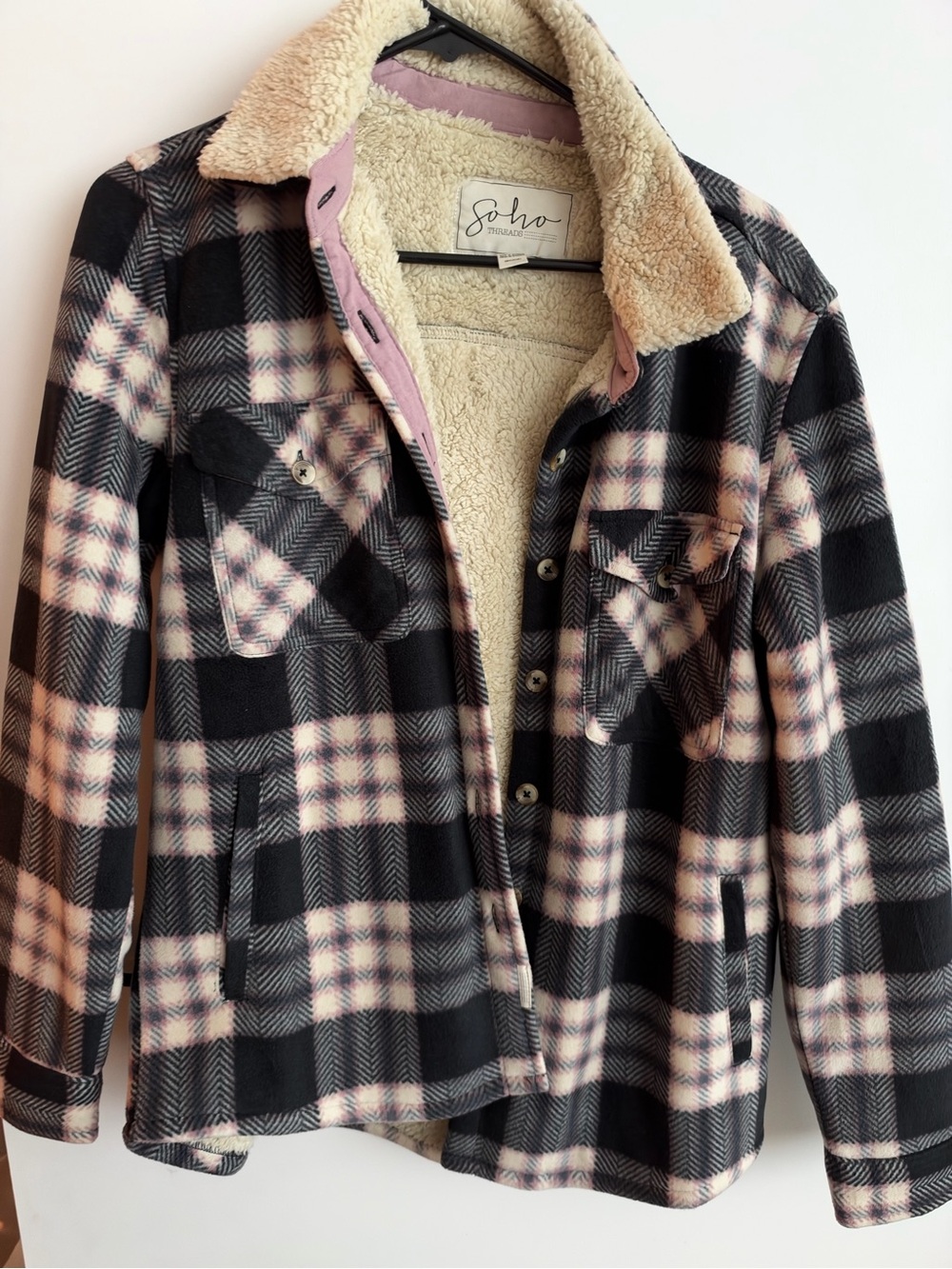 Soho Black & Pink Plaid Sherpa-Lined Jacket